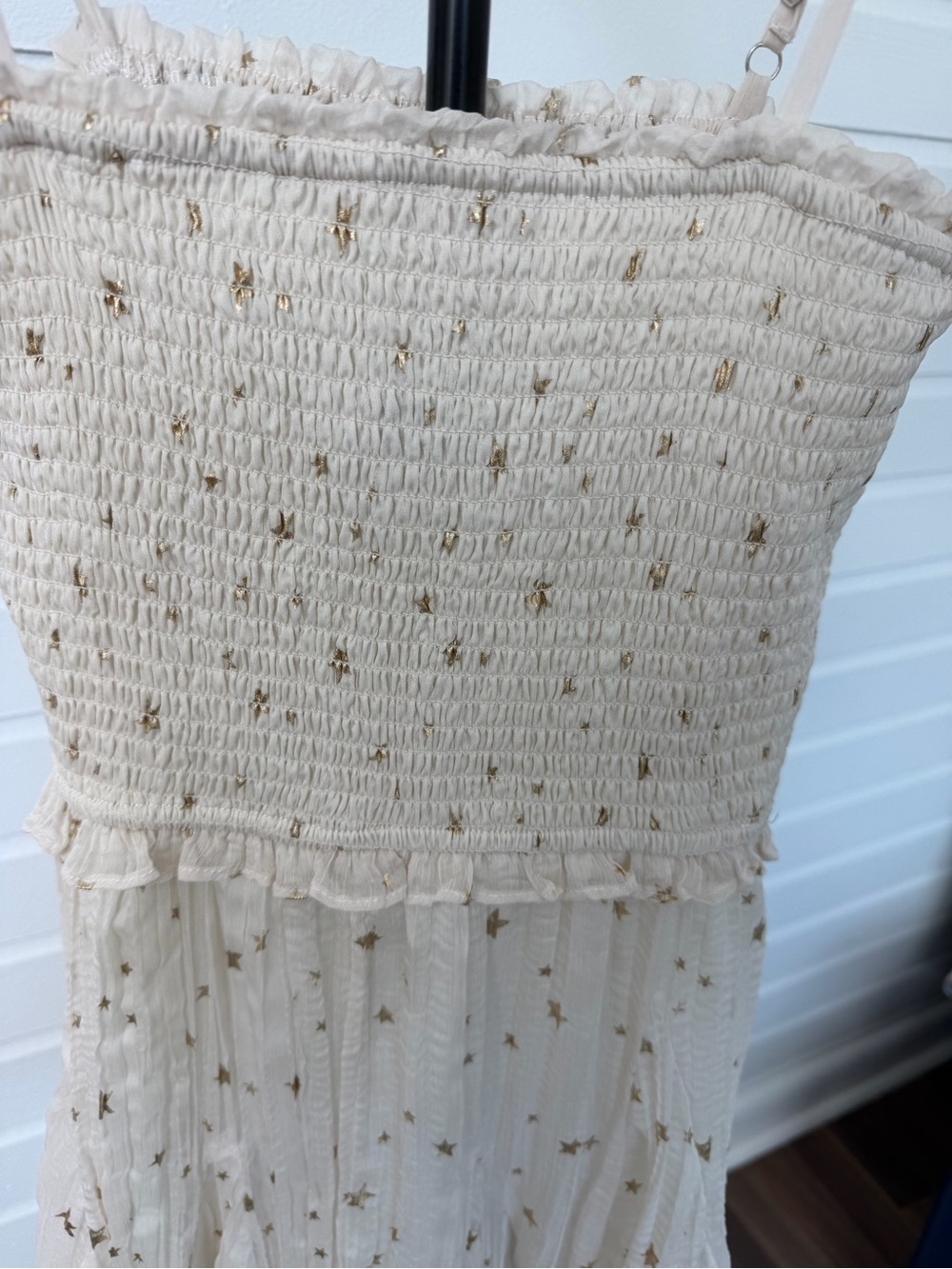 Storia M Ivory Gold Star Mini Dress Smocked Ruffle Celestial Fairy Boho